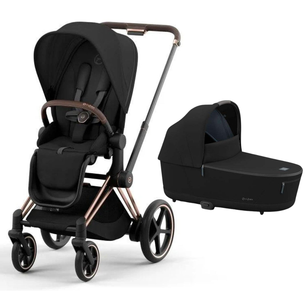 Cybex Priam Pram with Rose Gold Chassis & Sepia Black Seat V26 + Cybex Priam Lux Carrycot Sepia Black