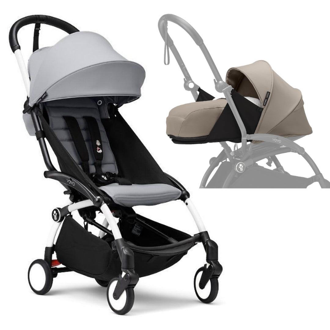 Stokke® YOYO3 Stroller White Frame with Stone Colour Pack & Taupe Newborn Pack