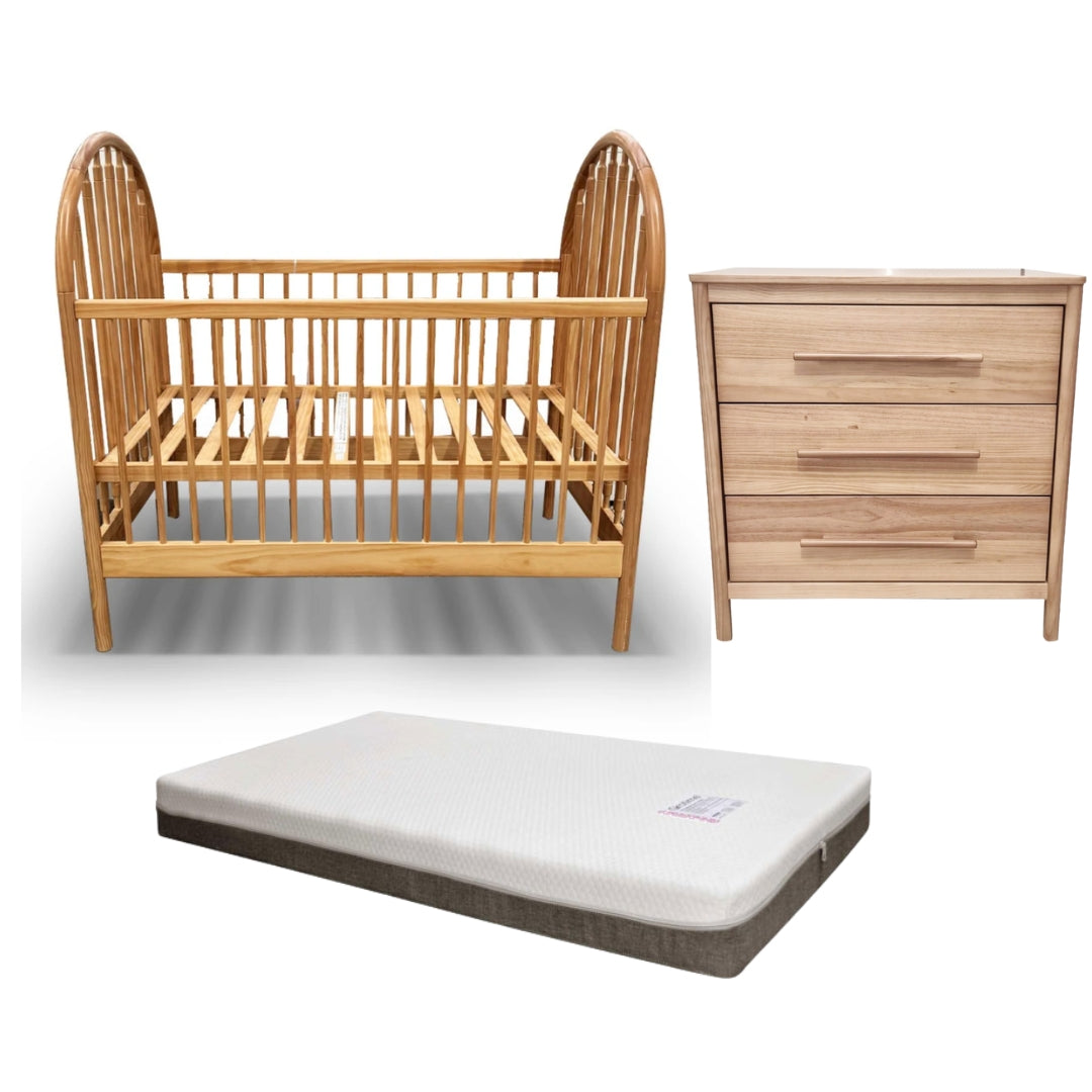 Gusto + Darcy Aphrodite Cot Maple Wash with Sweet Pea Mattress & 3 Drawer Chest Package Deal