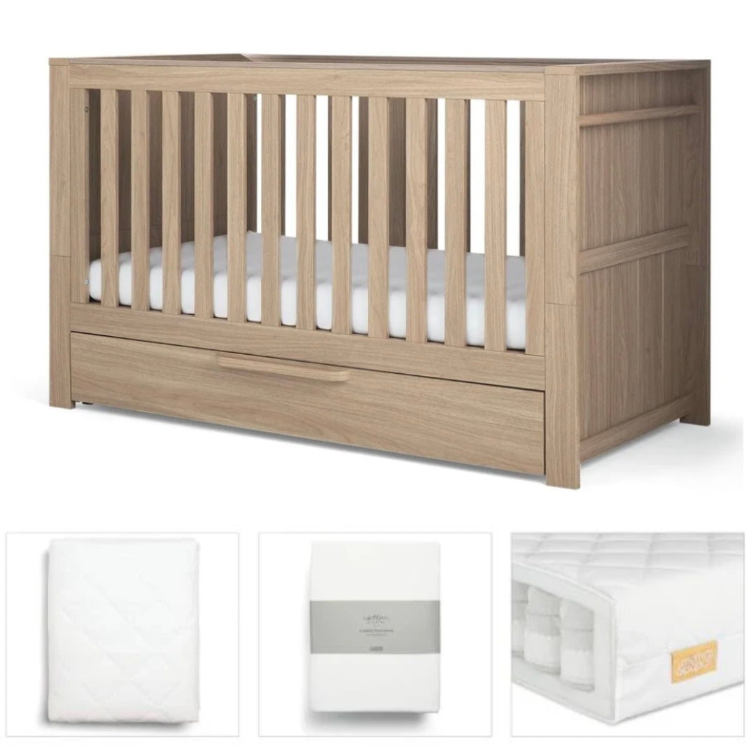 Mamas & Papas Franklin Light Oak 4 piece set with Cot Bed, Mattress, Fitted Sheets & Mattress Protector