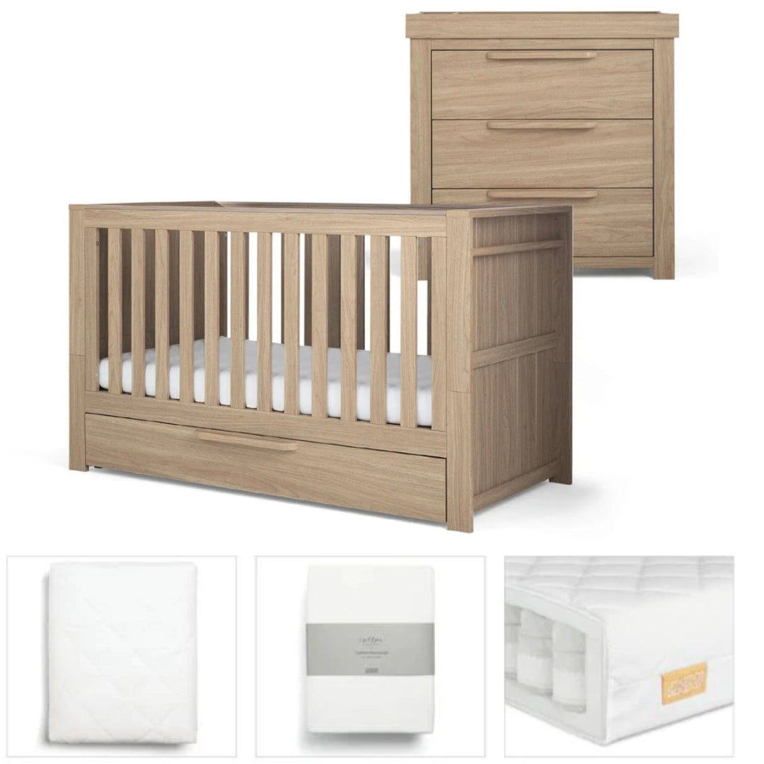 Mamas & Papas Franklin Light Oak 5 piece set with Cot Bed, Dresser Changer, Mattress, Fitted Sheets & Mattress Protector