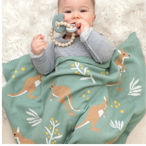 Living Textiles Australiana Baby Blanket - Kangaroo/Green