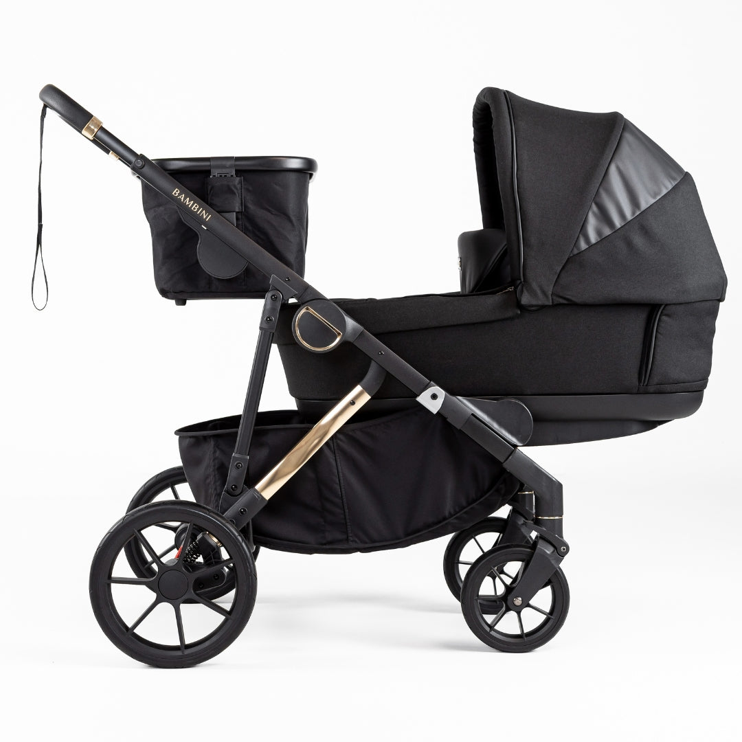 Bambini Prams Lisbon Black/Gold Standard Bundle (with Bassinet & Lower Adaptors)