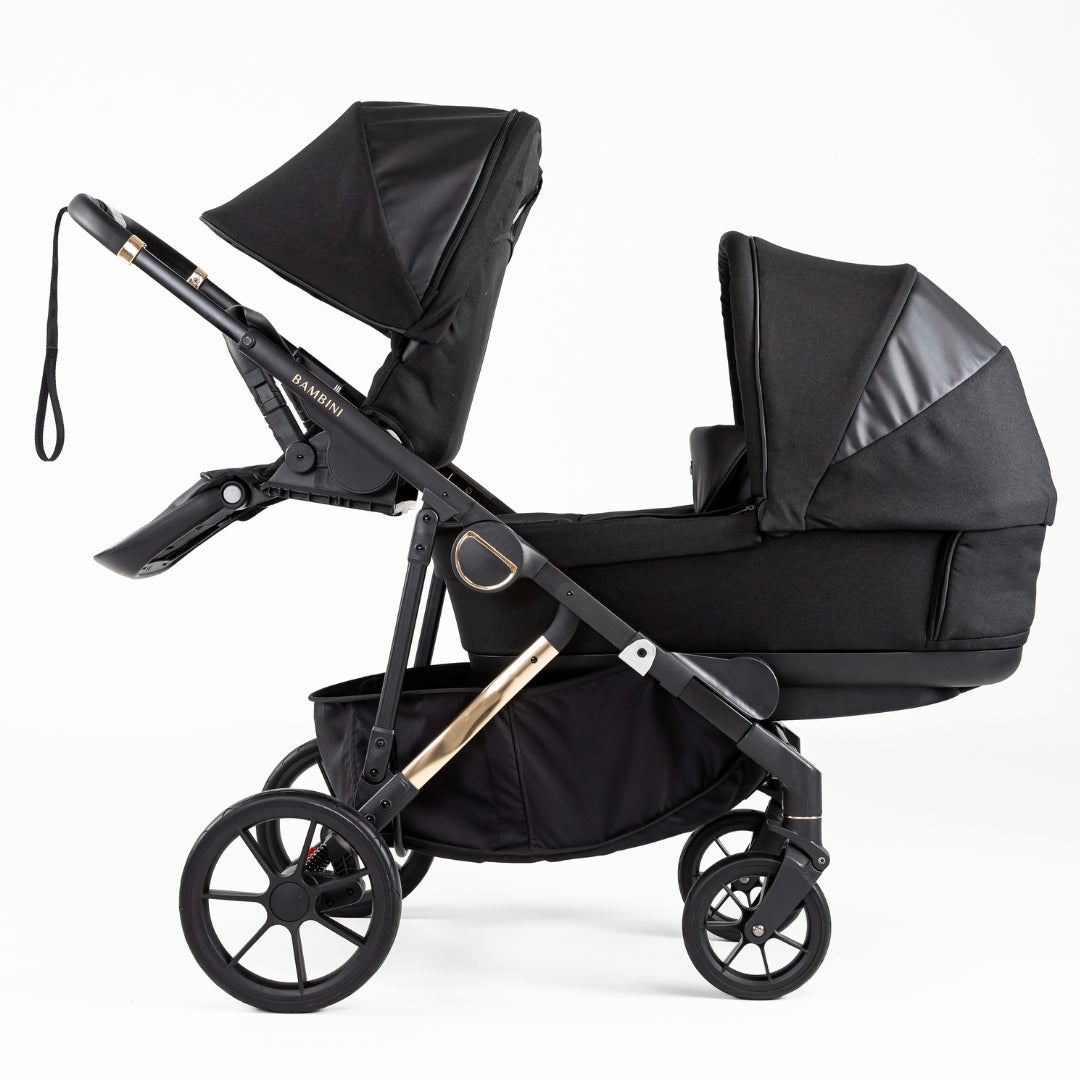 Bambini Prams Lisbon Black/Gold Standard Bundle (with Bassinet & Lower Adaptors)