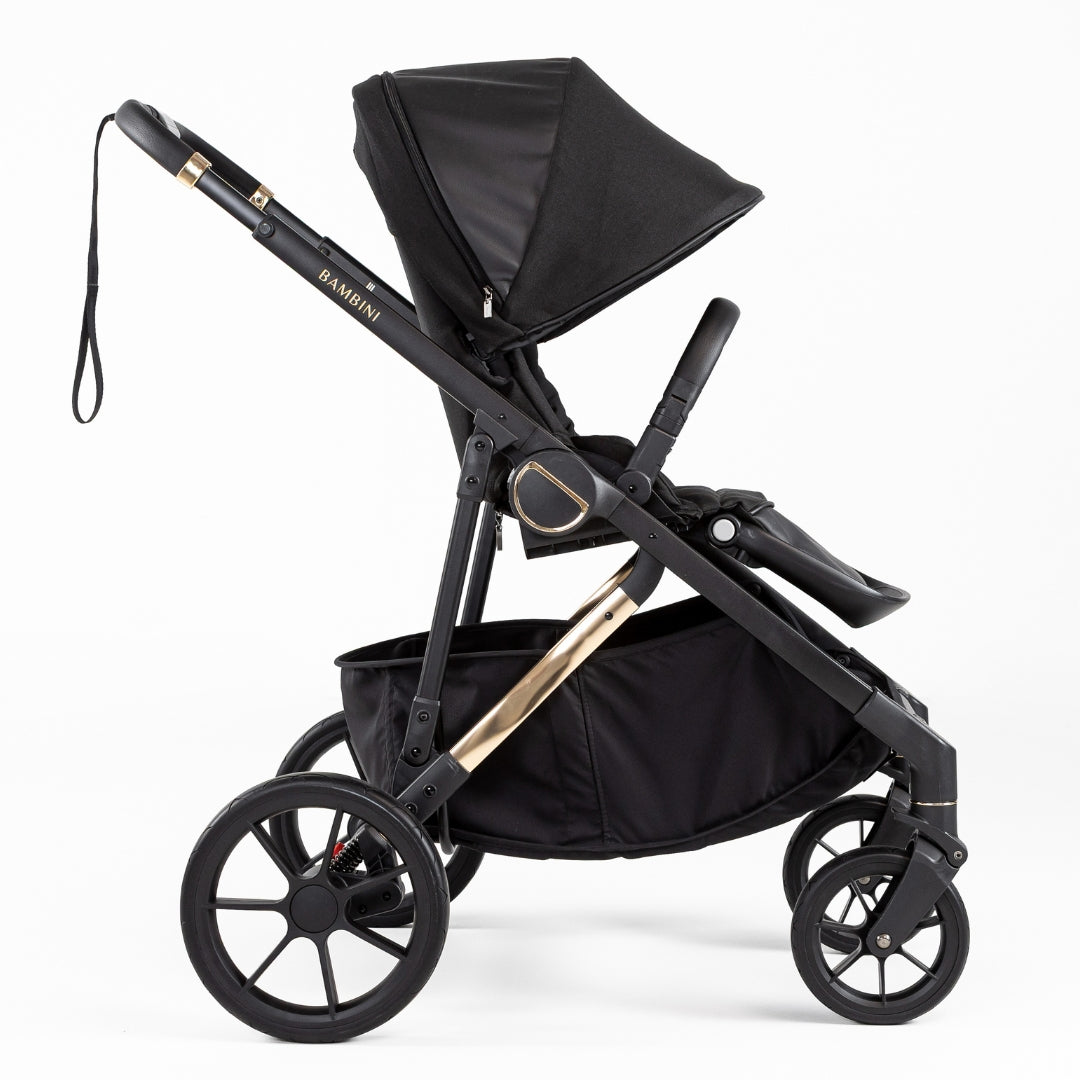 Bambini Prams Lisbon Black/Gold Standard Bundle (with Bassinet & Lower Adaptors)