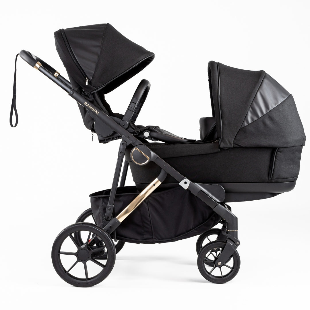 Bambini Prams Lisbon Black/Gold Standard Bundle (with Bassinet & Lower Adaptors)