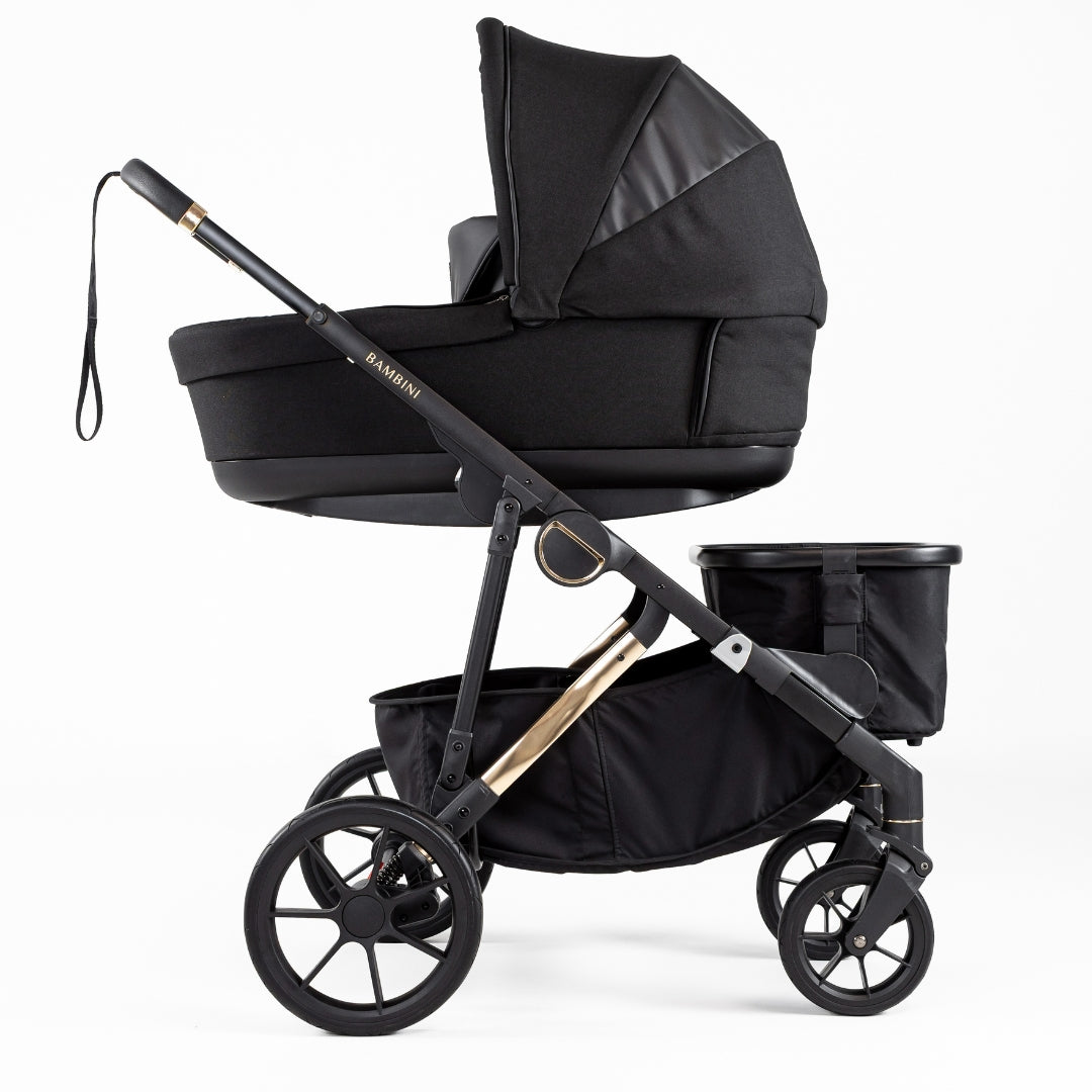 Bambini Prams Lisbon Black/Gold Standard Bundle (with Bassinet & Lower Adaptors)