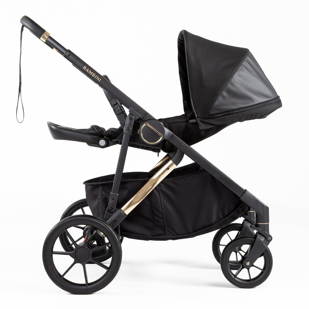 Bambini Prams Lisbon Black/Gold Standard Bundle (with Bassinet & Lower Adaptors)