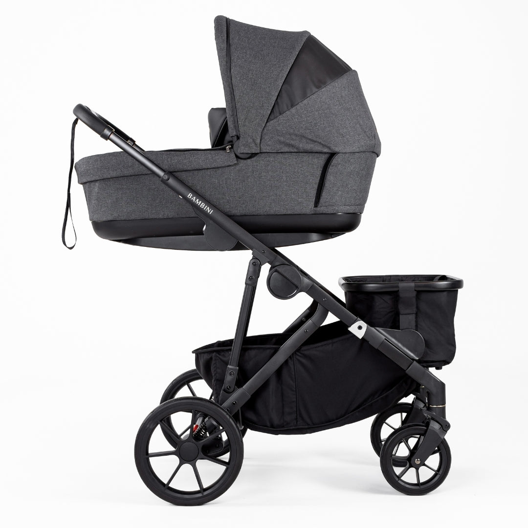 Bambini Prams Lisbon Charcoal/Black Standard Bundle (with Bassinet & Lower Adaptors)