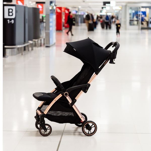 Bambini Prams Paris Travel Stroller Black Fabric with Rose Gold Frame