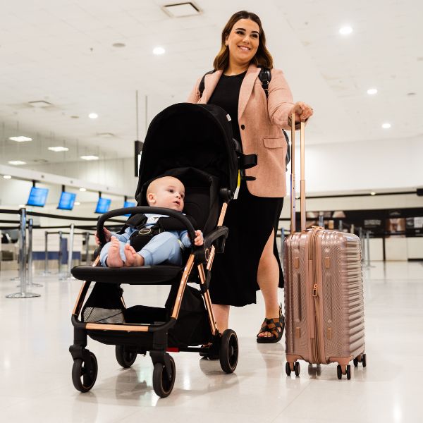 Bambini Prams Paris Travel Stroller Black Fabric with Rose Gold Frame
