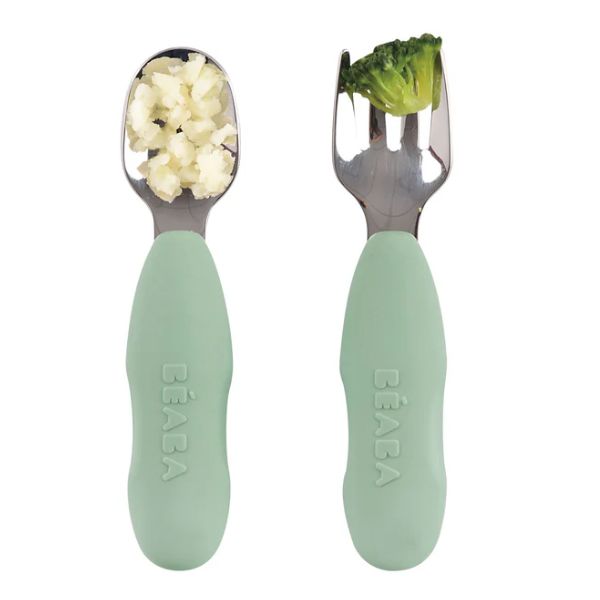Beaba Fork & Spoon Stainless Steel Pre-Cutlery Sage Green