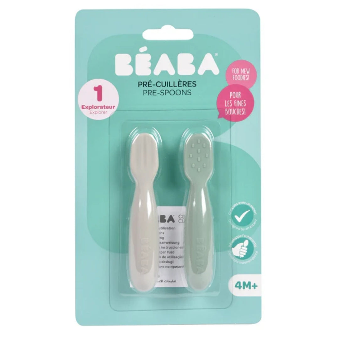 Beaba Silicone Pre-Spoons 2 Pack Sage Green/Velvet Grey