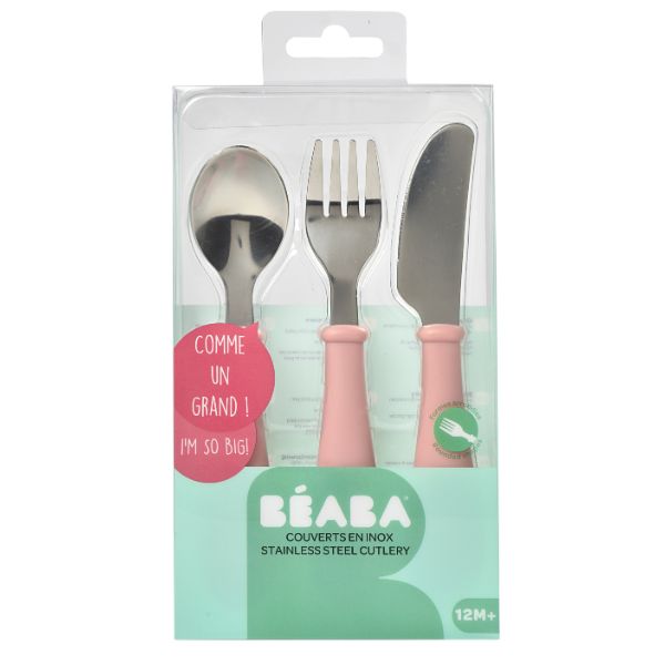 Beaba Stainless Steel Training Cutlery 3 Piece Set Old Pink