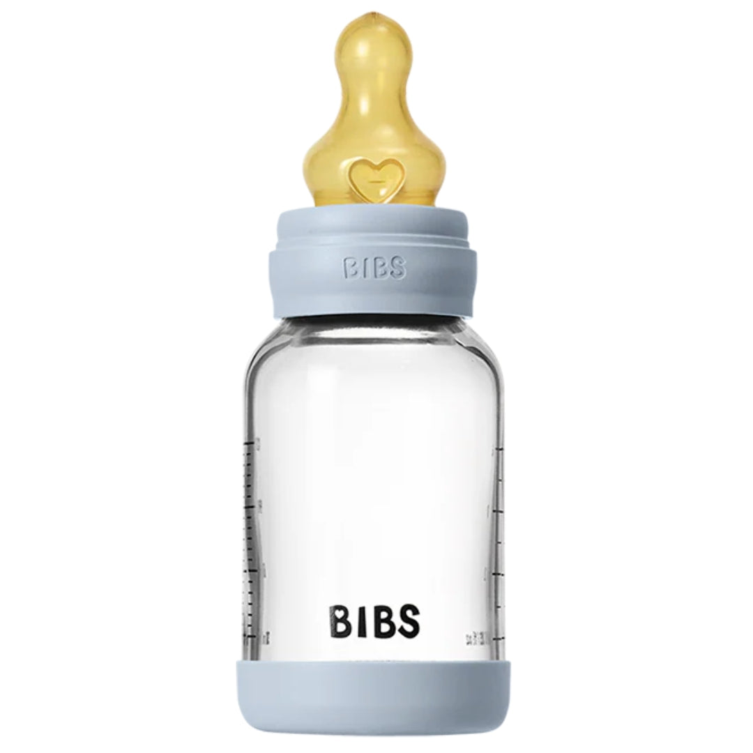 BIBS Glass Baby Bottle Latex 120ml Slow Flow Baby Blue