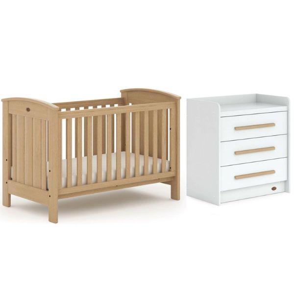 Boori Casa Cotbed V19  Almond (with dropside) + Mattress + Boori Neat 3 Drawer Chest V19 Barley White/Almond