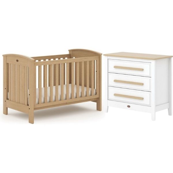 Boori Casa Cotbed V19  Almond (with dropside) + Mattress + Boori Linear 3 Drawer Chest V19 Barley White/Almond