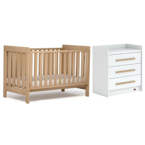 Boori Daintree Cot Bed V19 (with dropside) Almond + Mattress + Neat 3 Drawer Chest Barley White/Almond