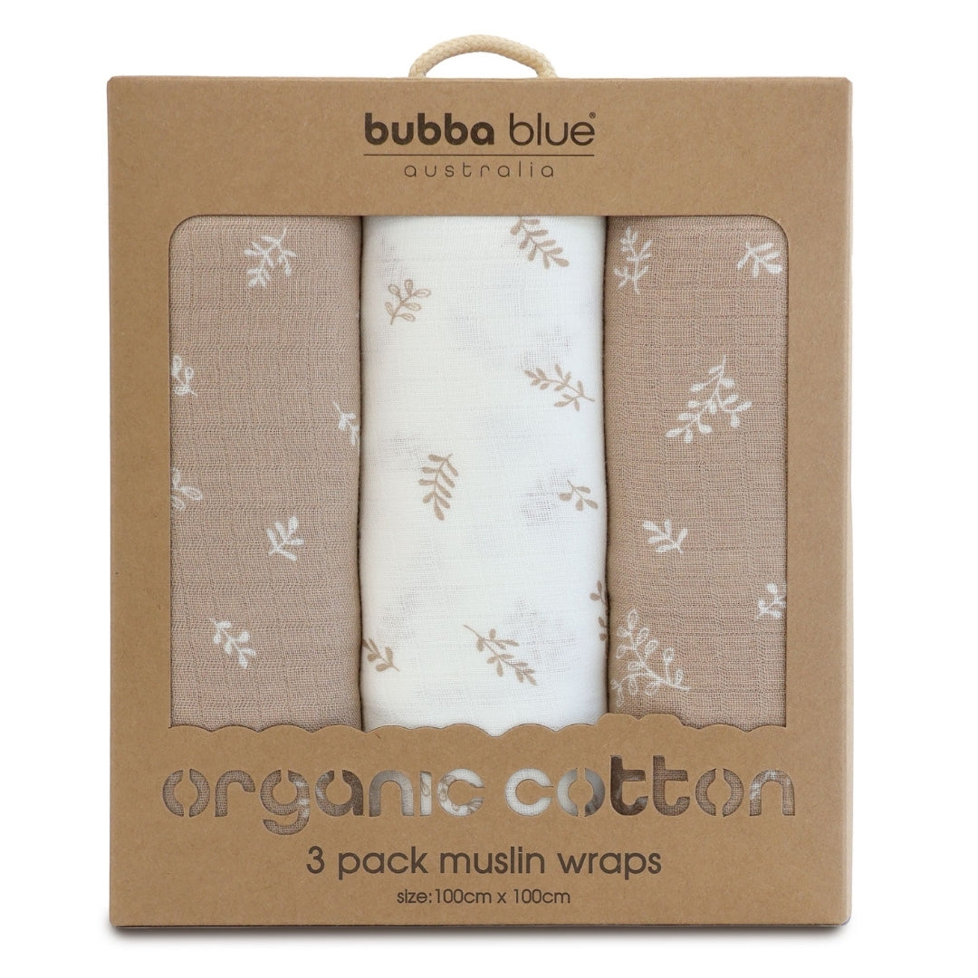 Bubba Blue Organic Cotton Muslin Wraps 3pk Chestnut