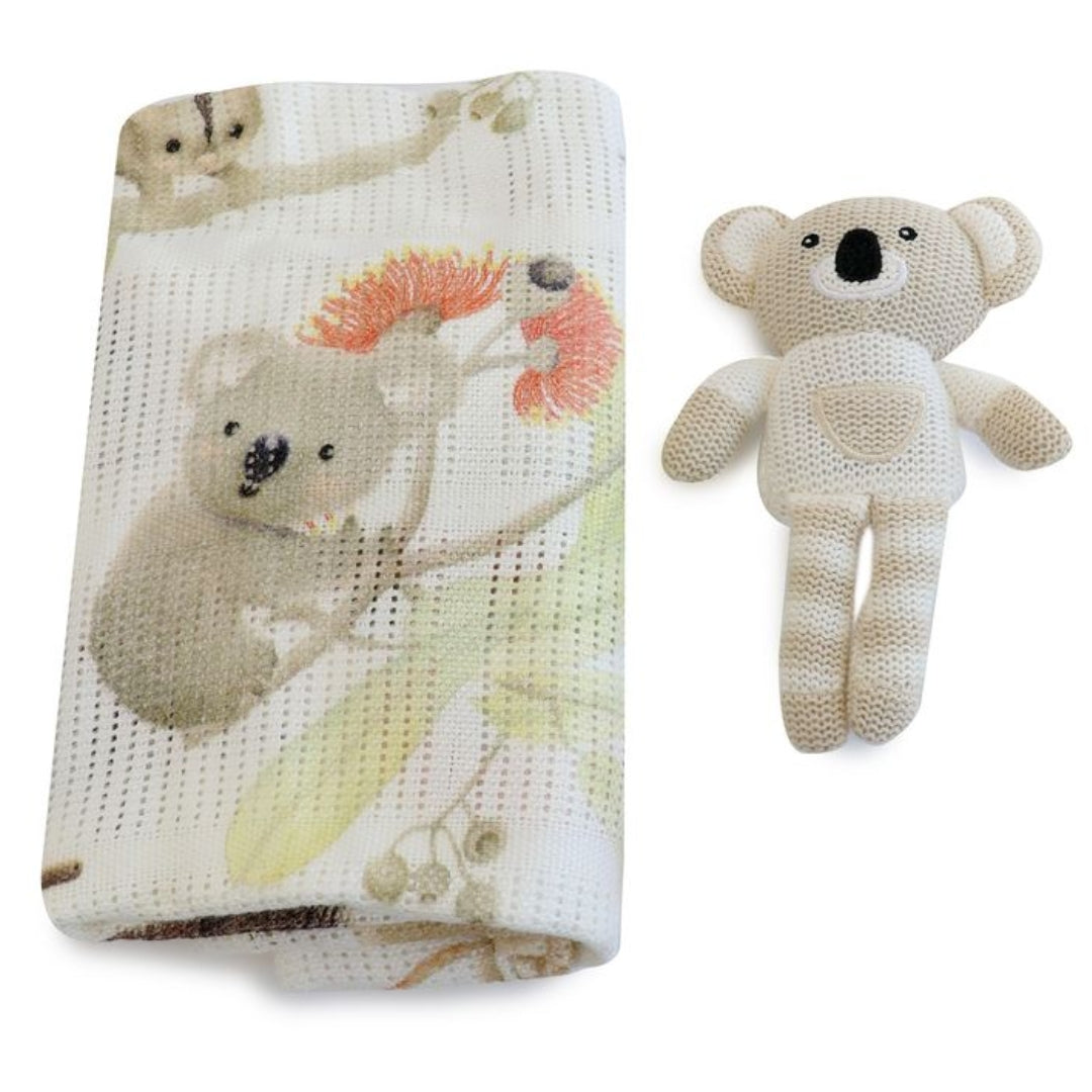 Bubba Blue Koala Knit Rattle & Cellular Blanket Gift Set Sand