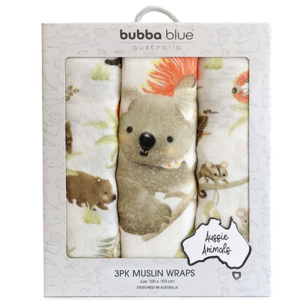 Bubba Blue Muslin Wraps Aussie Animals 3pk