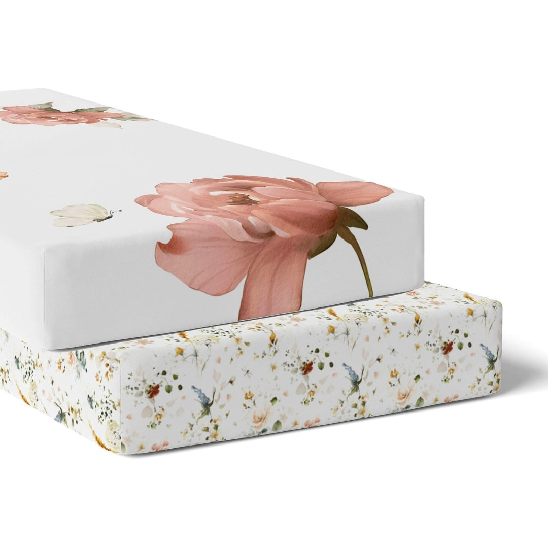 Bubba Blue Peonies Bamboo Jersey Cot Fitted Sheets 2 Pack