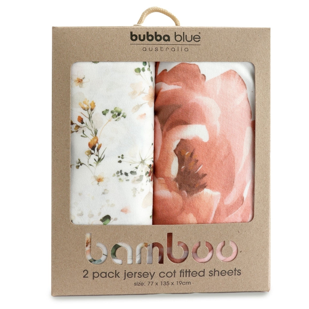 Bubba Blue Peonies Bamboo Jersey Cot Fitted Sheets 2 Pack