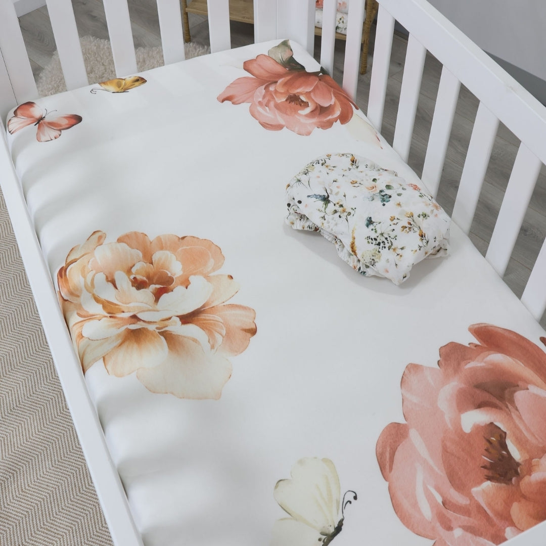 Bubba Blue Peonies Bamboo Jersey Cot Fitted Sheets 2 Pack