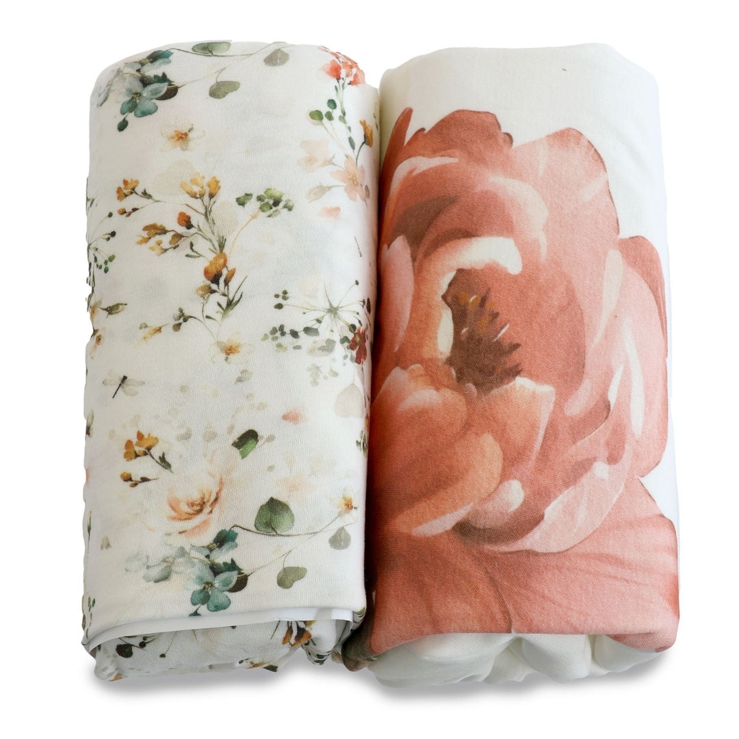 Bubba Blue Peonies Bamboo Jersey Cot Fitted Sheets 2 Pack