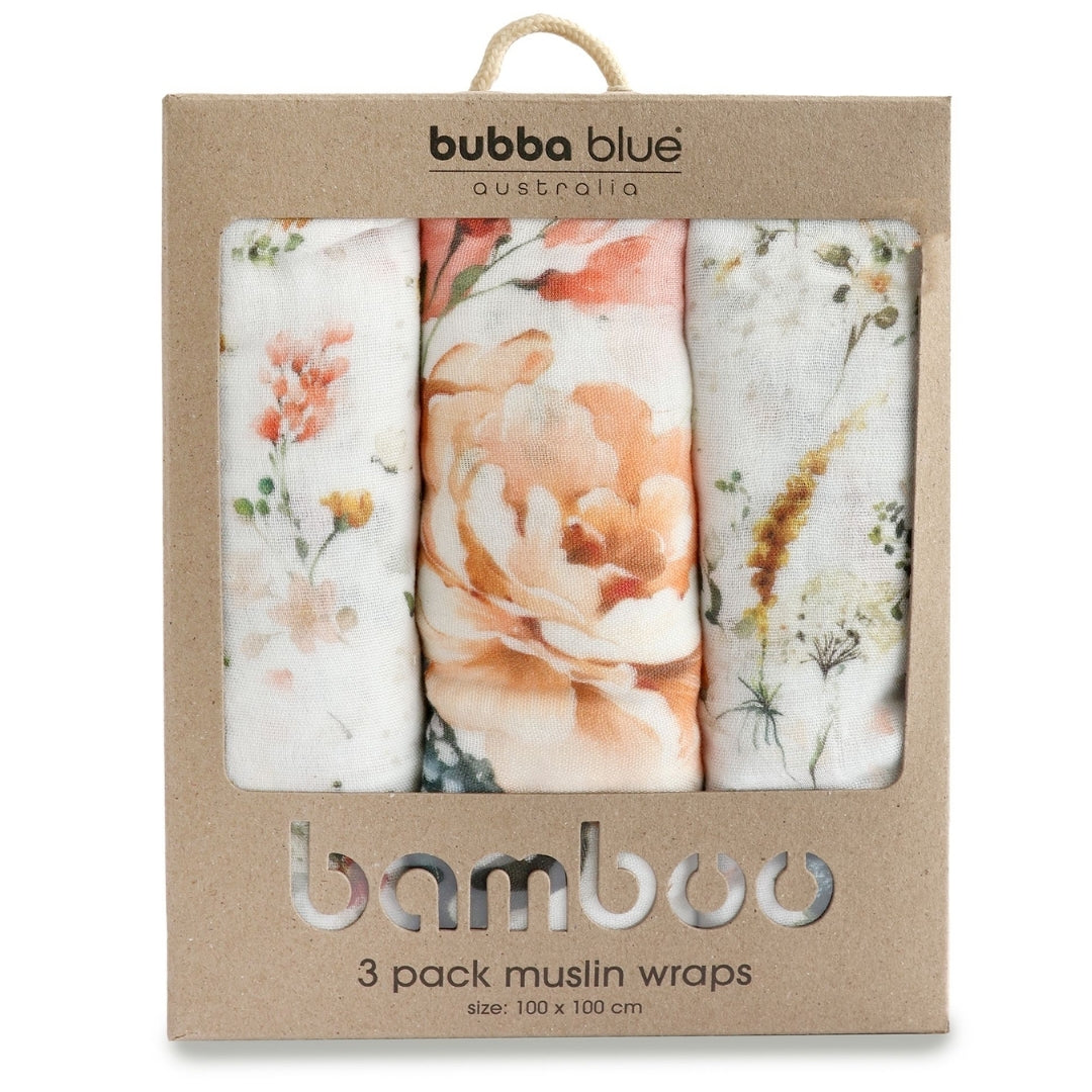 Bubba Blue Peonies Bamboo Muslin Wraps 3 Pack