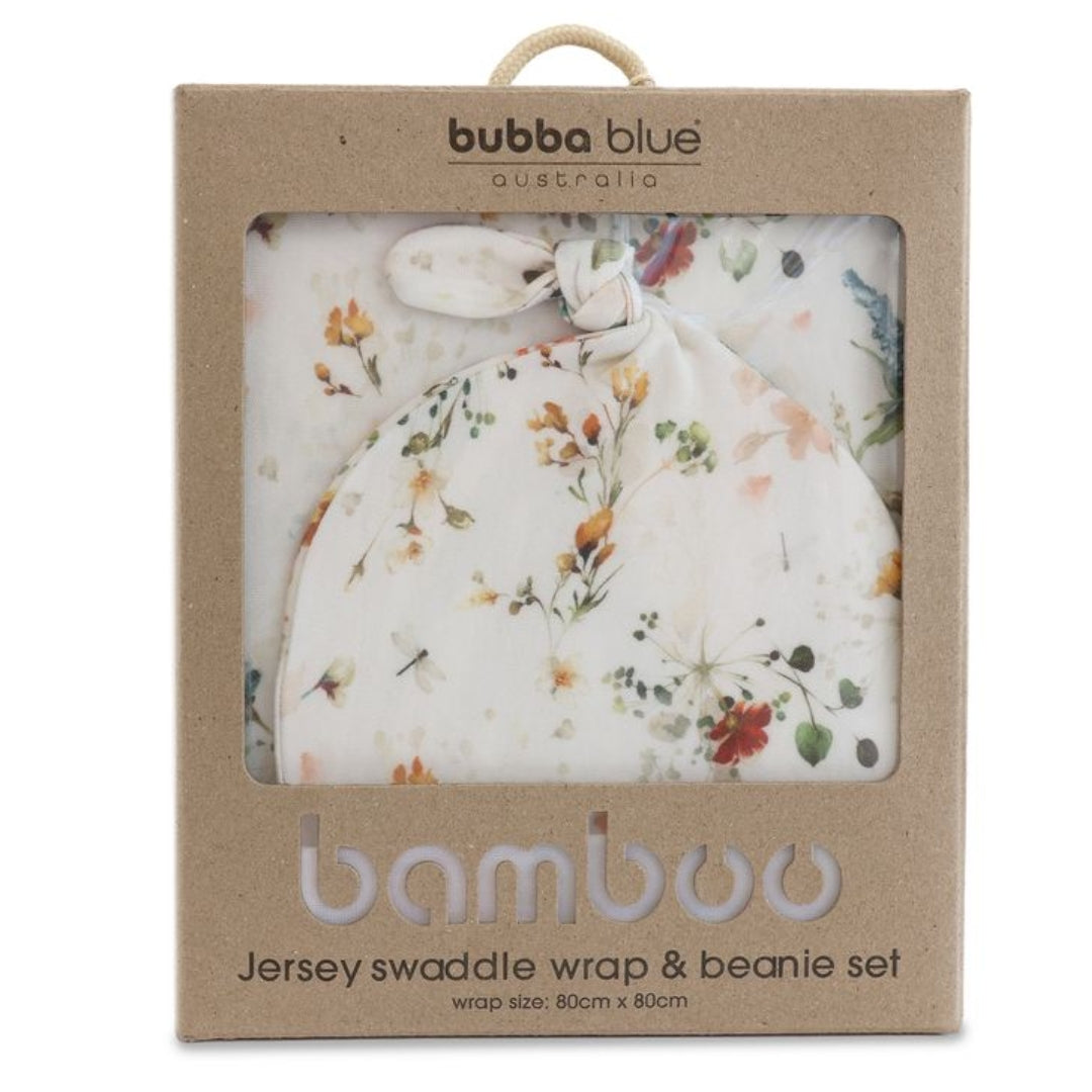 Bubba Blue Peonies Jersey Swaddle & Beanie Set