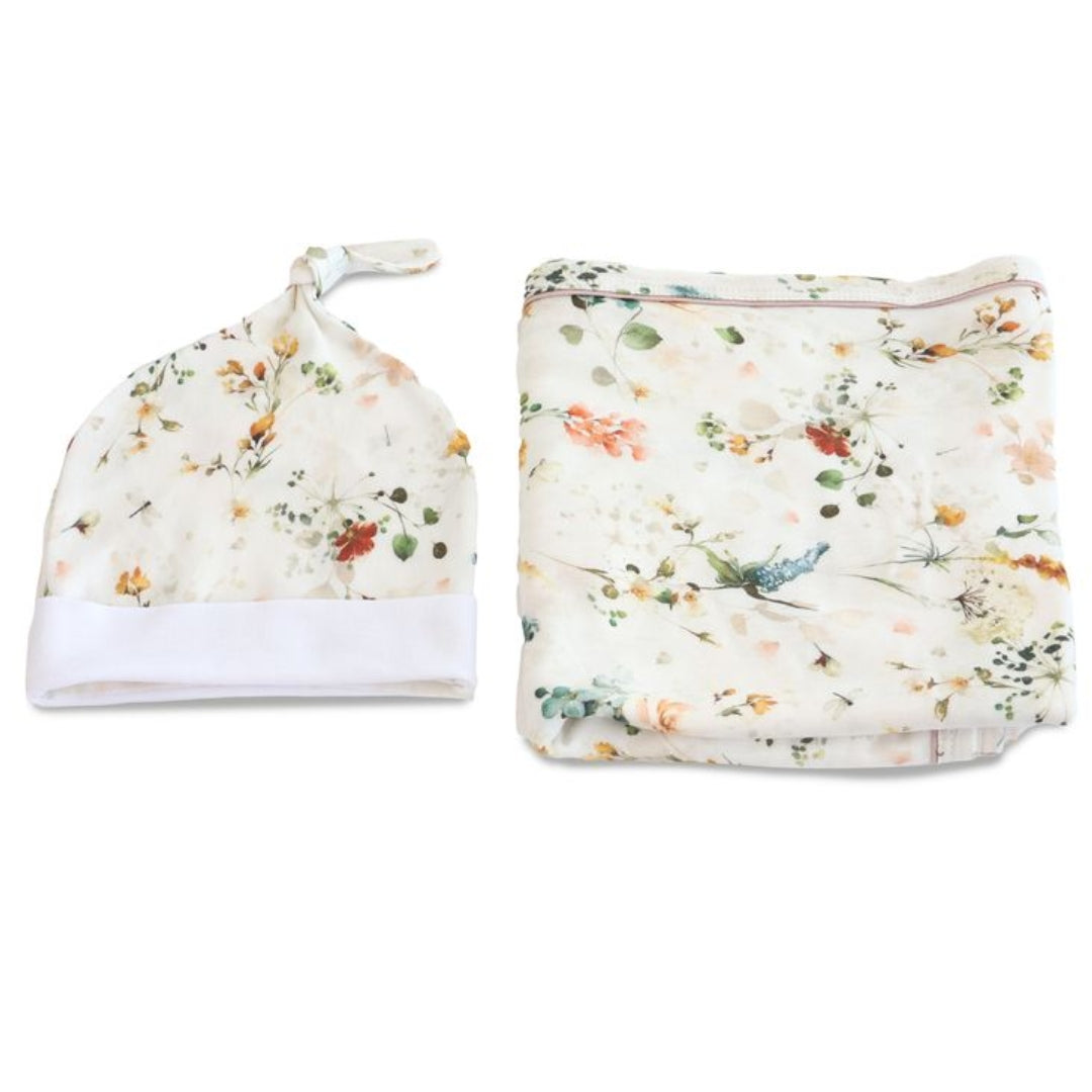 Bubba Blue Peonies Jersey Swaddle & Beanie Set