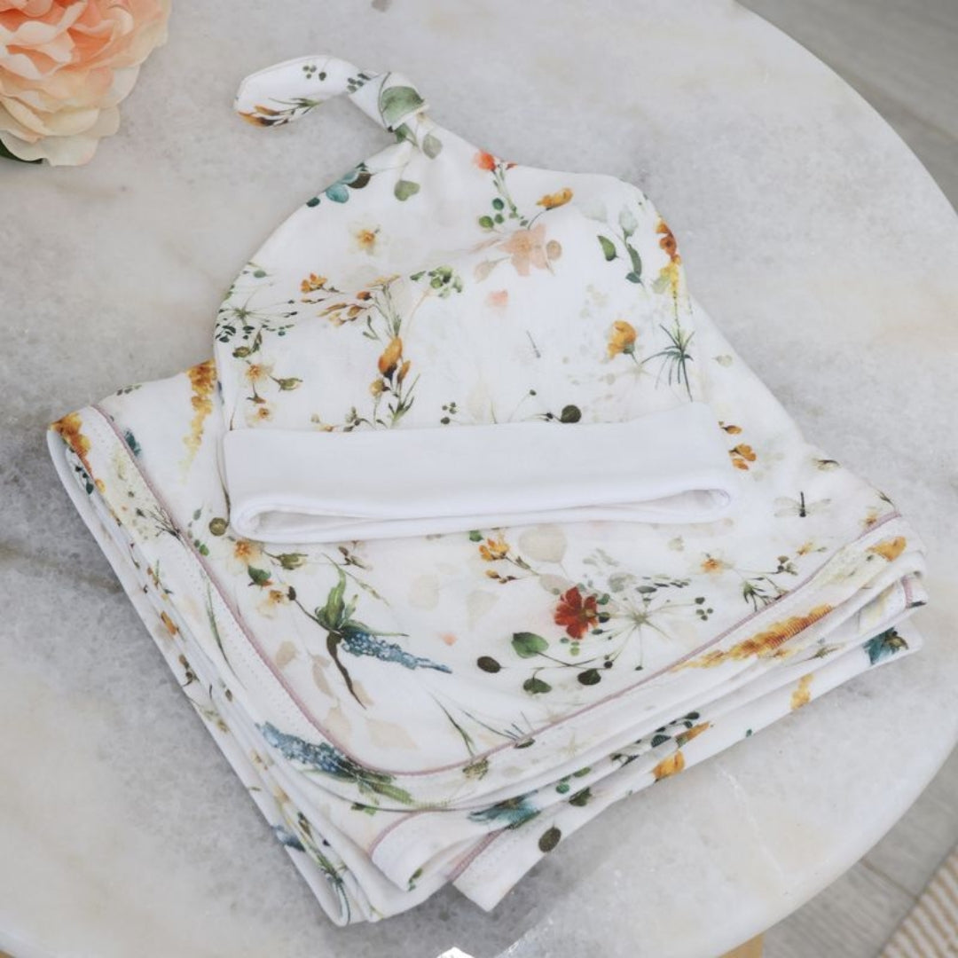 Bubba Blue Peonies Jersey Swaddle & Beanie Set