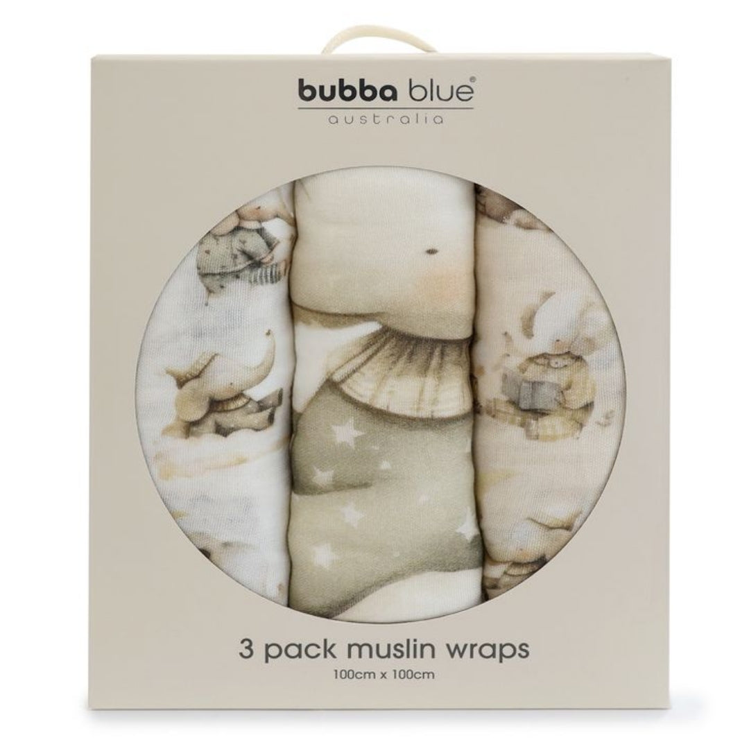 Bubba Blue Elephant Bedtime Muslin Wraps 3pk