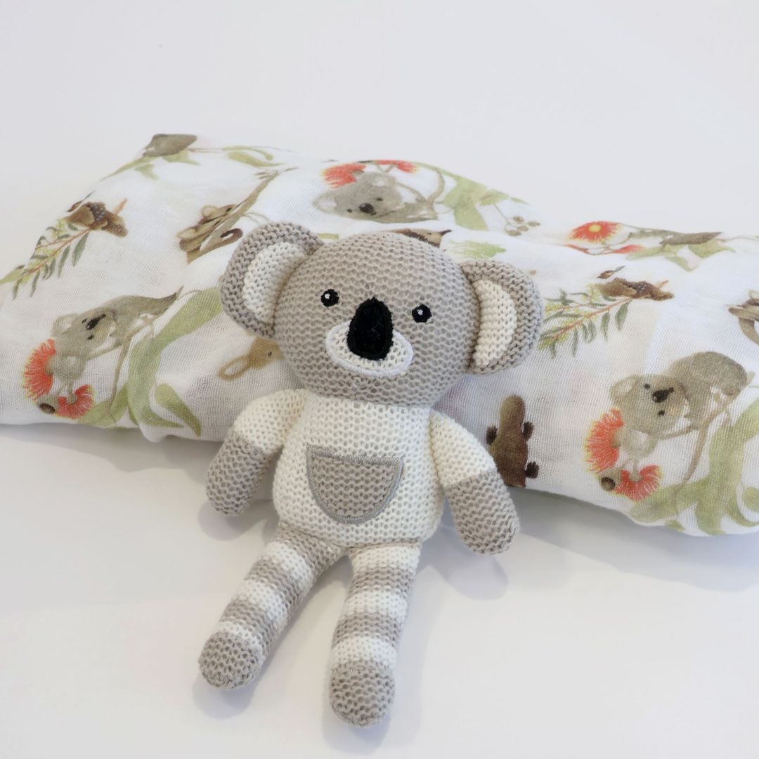 Bubba Blue Aussie Animals Koala Muslin Swaddle Wrap and Knit Rattle Toy Gift Set
