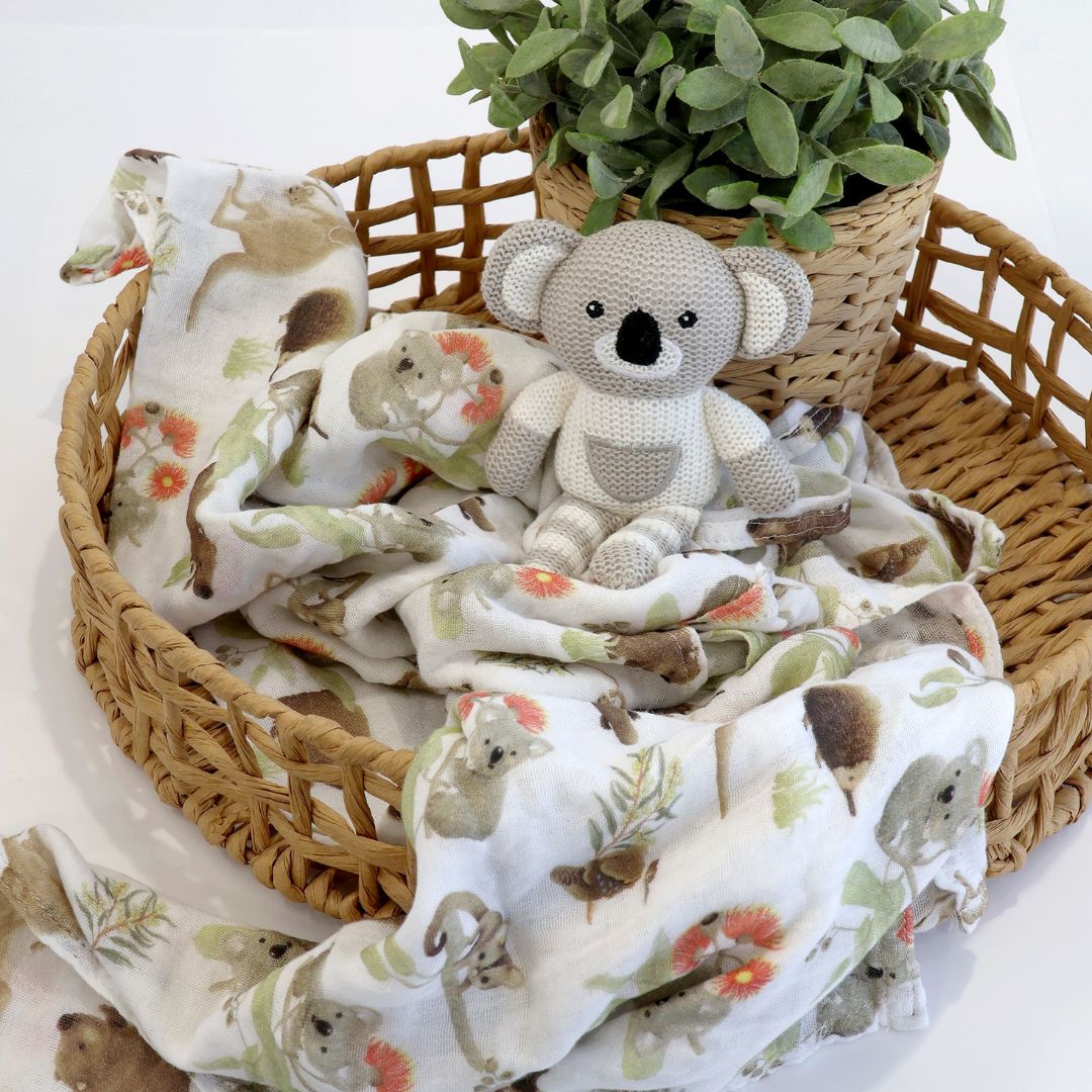 Bubba Blue Aussie Animals Koala Muslin Swaddle Wrap and Knit Rattle Toy Gift Set
