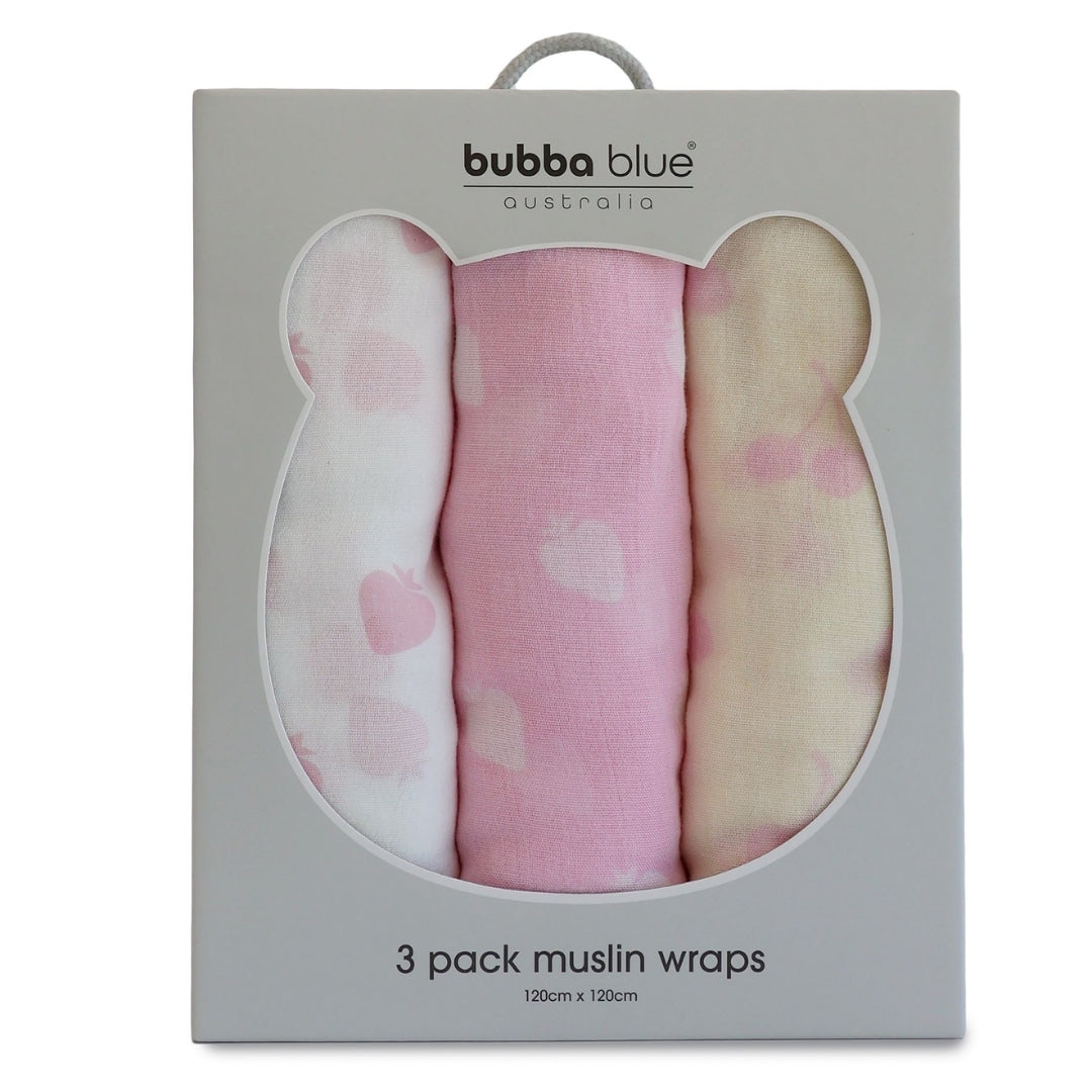 Bubba Blue Nordic Muslin Wrap 3pk Strawberry/Cherry