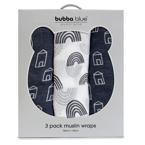 Bubba Blue Nordic Muslin Wrap 3pk Charcoal/White