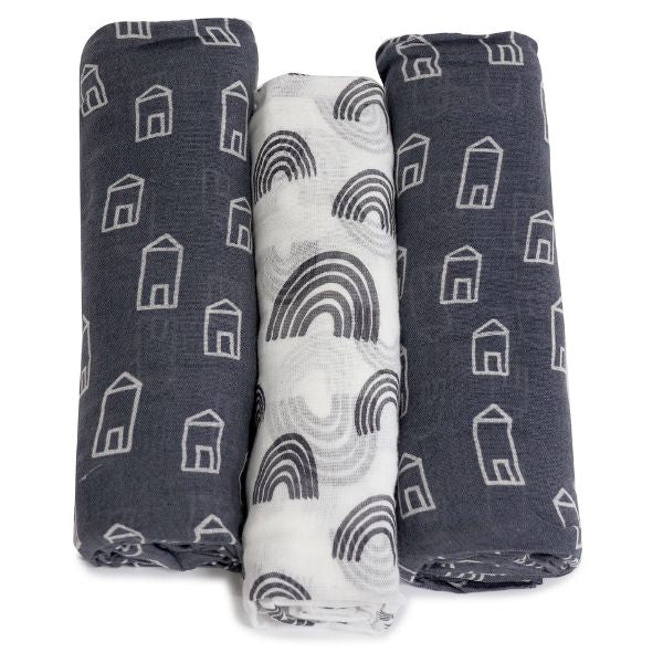 Bubba Blue Nordic Muslin Wrap 3pk Charcoal/White