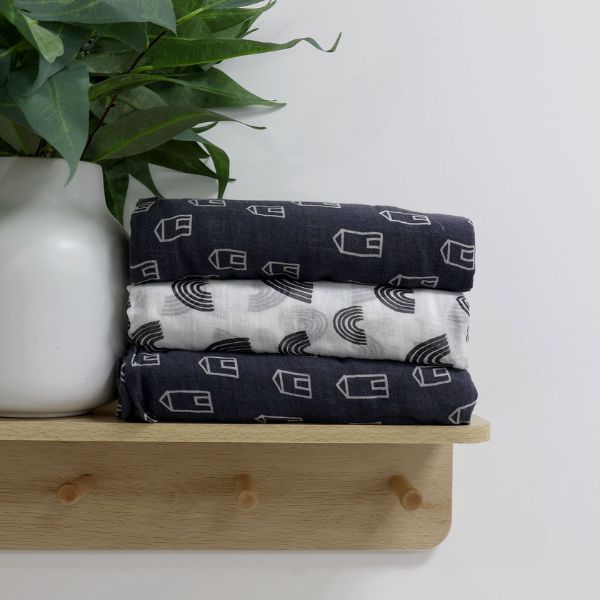 Bubba Blue Nordic Muslin Wrap 3pk Charcoal/White