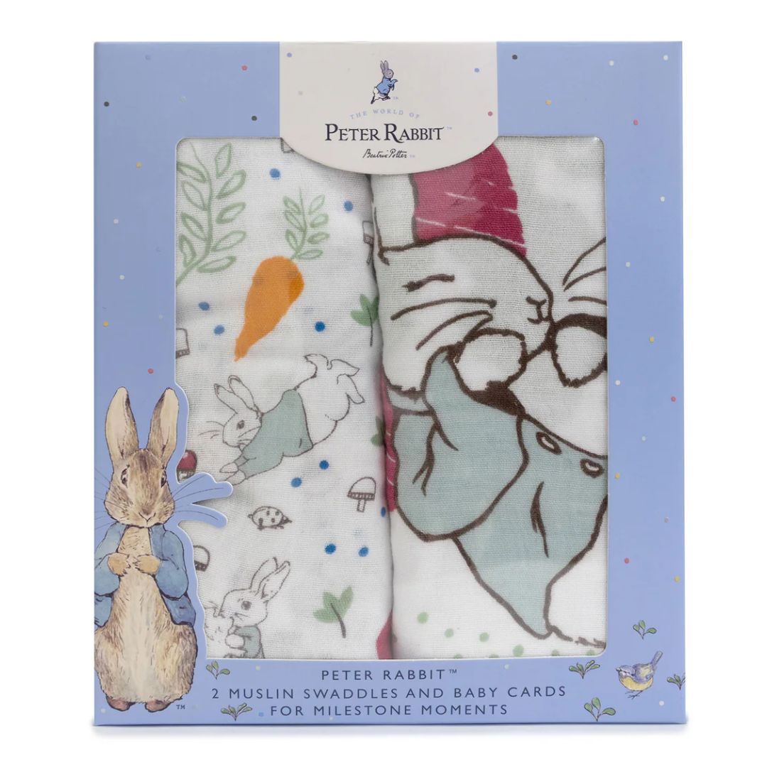 Bubba Blue Peter Rabbit New Adventure 2pk Muslin Wraps & Milestone Cards Blue