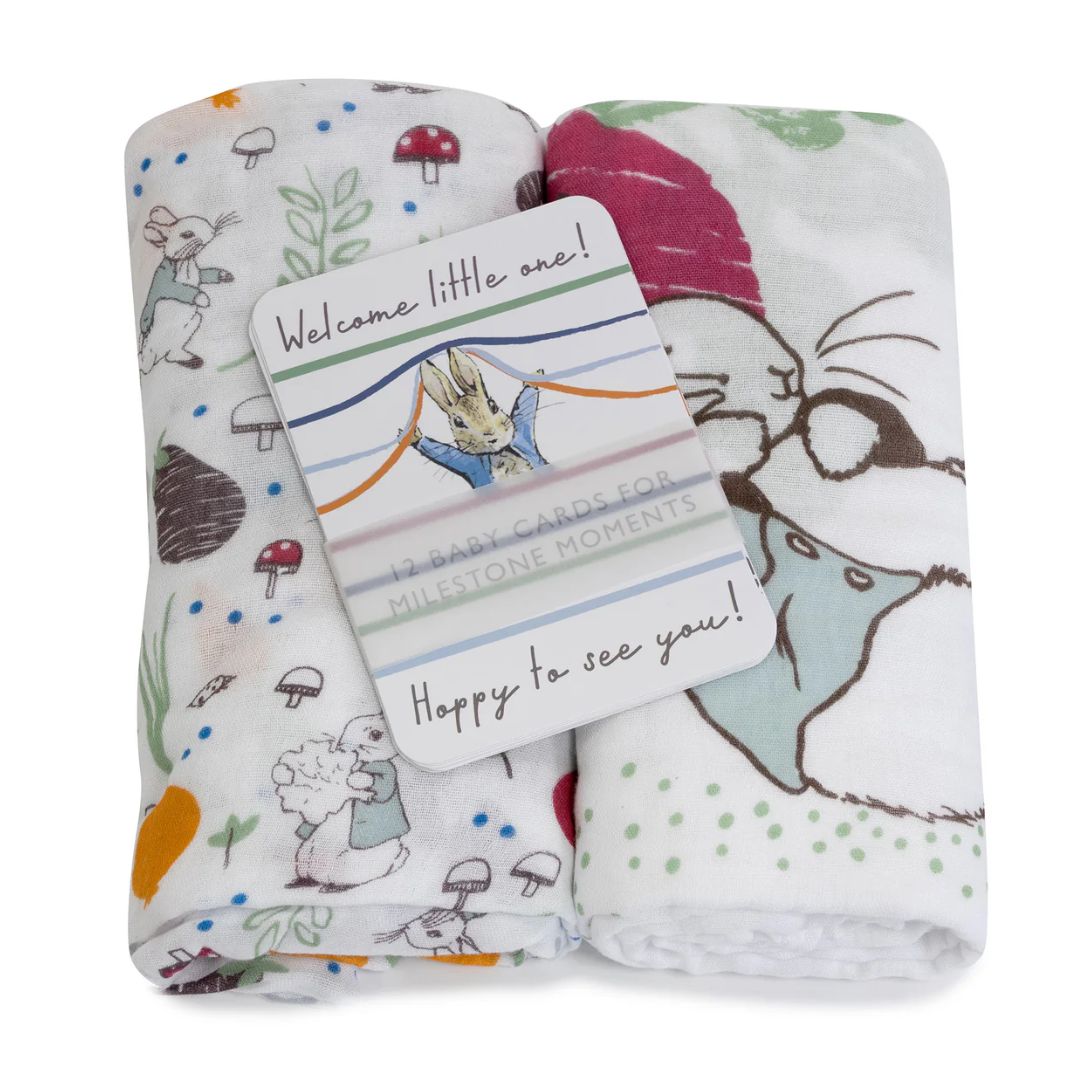 Bubba Blue Peter Rabbit New Adventure 2pk Muslin Wraps & Milestone Cards Blue