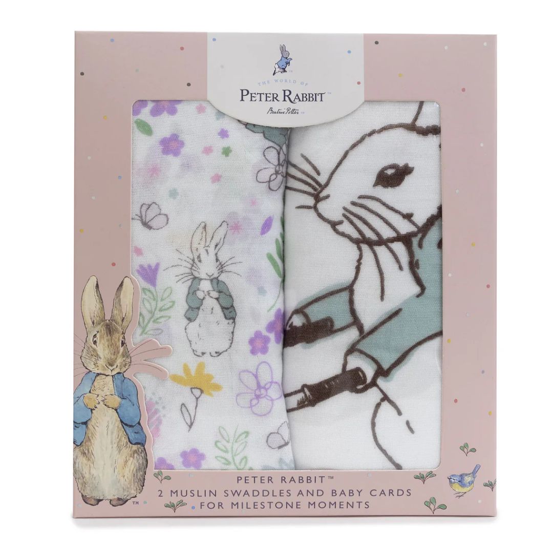 Bubba Blue Peter Rabbit New Adventure 2pk Muslin Wraps & Milestone Cards Pink