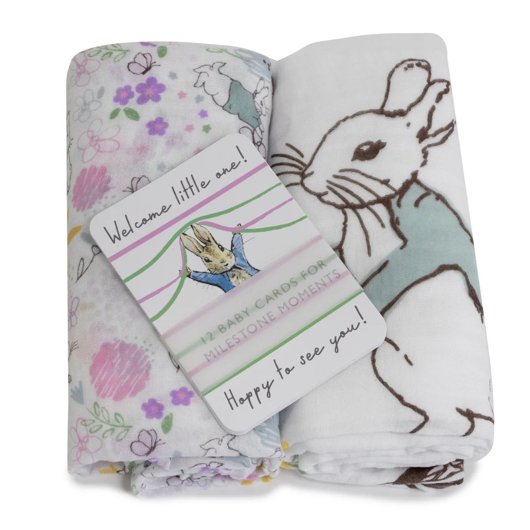 Bubba Blue Peter Rabbit New Adventure 2pk Muslin Wraps & Milestone Cards Pink