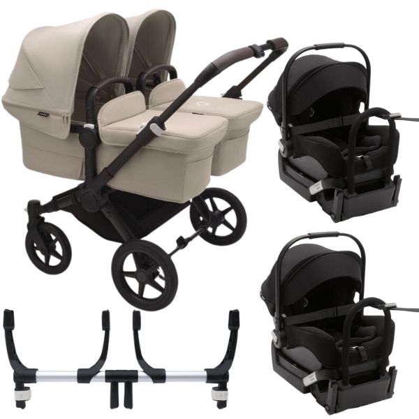 Bugaboo Donkey 5 Twin Stroller Black/Desert Taupe-Desert Taupe TRAVEL SYSTEM (includes 2 Bugaboo Turtle car seats with base & adaptors)