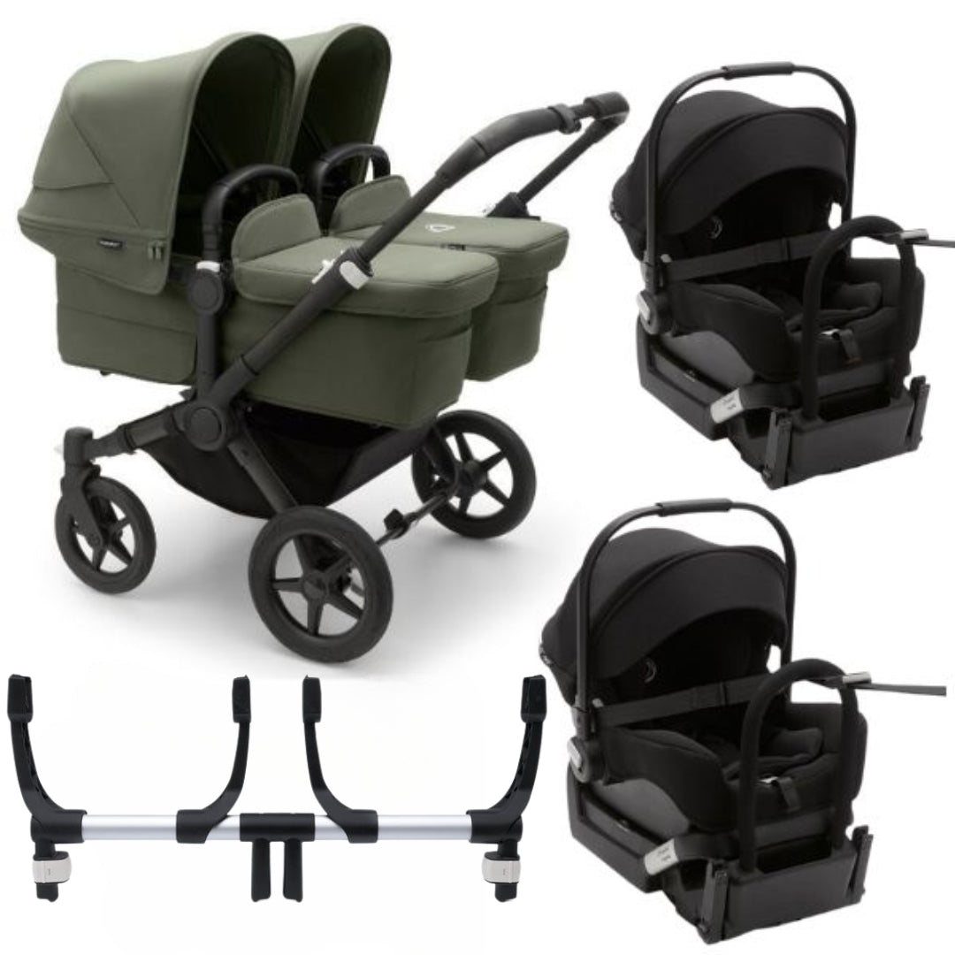 Bugaboo Donkey 5 Twin Stroller Black/Forest Green-Forest Green TRAVEL SYSTEM (includes 2 Bugaboo Turtle car seats with base & adaptors)