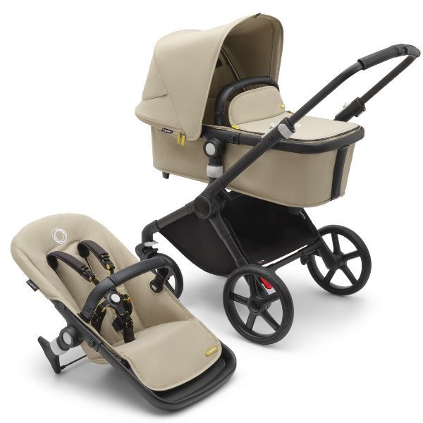 Bugaboo Fox Cub Complete Pram Black/Desert Beige-Desert Beige with Bugaboo Cup Holder and Dual Seat Liner