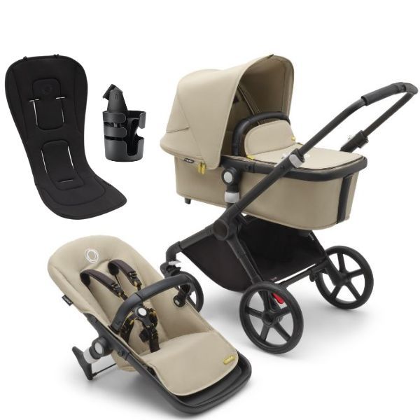 Bugaboo Fox Cub Complete Pram Black/Desert Beige-Desert Beige with Bugaboo Cup Holder and Dual Seat Liner