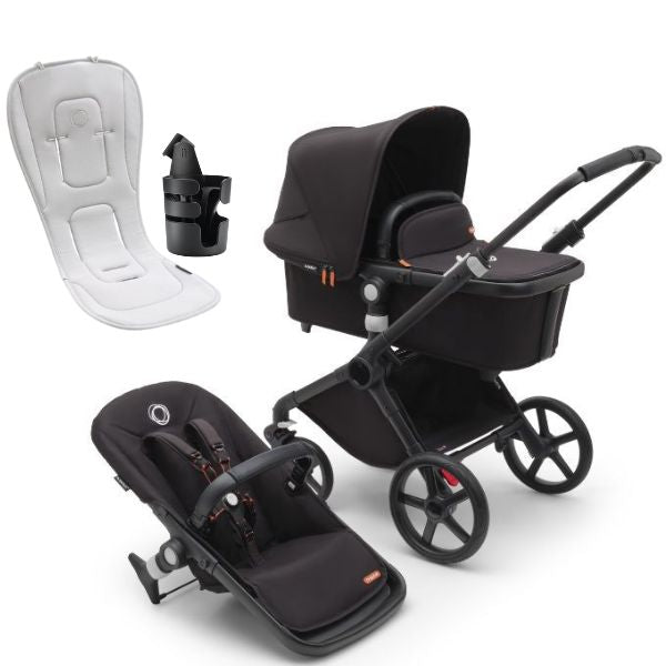 Bugaboo Fox Cub Complete Pram Black/Midnight Black-Midnight Black with Bugaboo Cup Holder and Dual Seat Liner