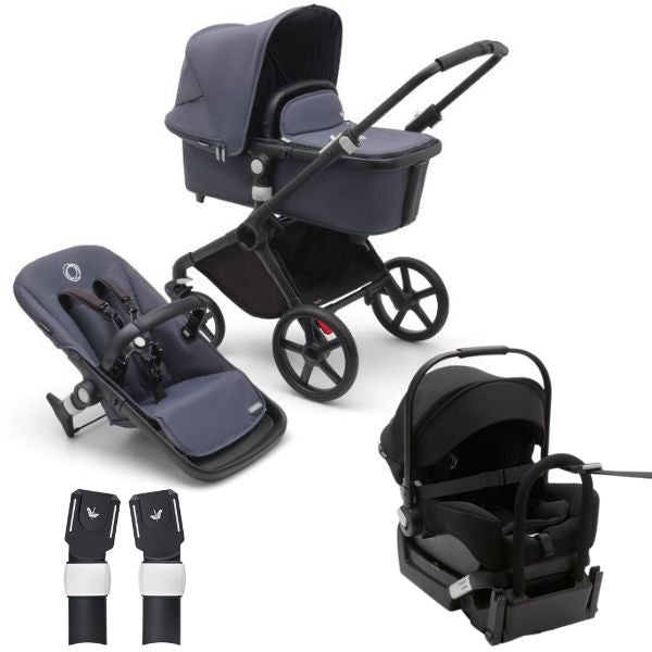 Bugaboo Fox Cub Complete Pram Black/Stormy Blue-Stormy Blue TRAVEL SYSTEM (includes Bugaboo Turtle car seat with base & adaptors)